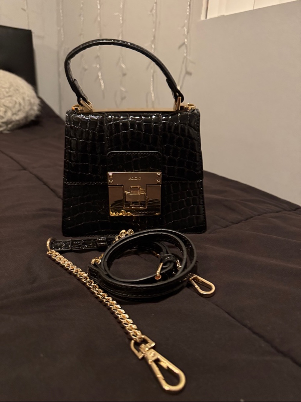 Aldo Black Croc-Embossed Mini Top Handle Bag with Gold Hardware